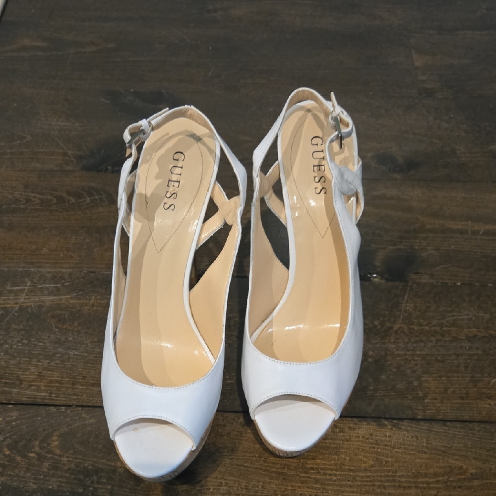 Guess White Strappy Peep Toe Heels
